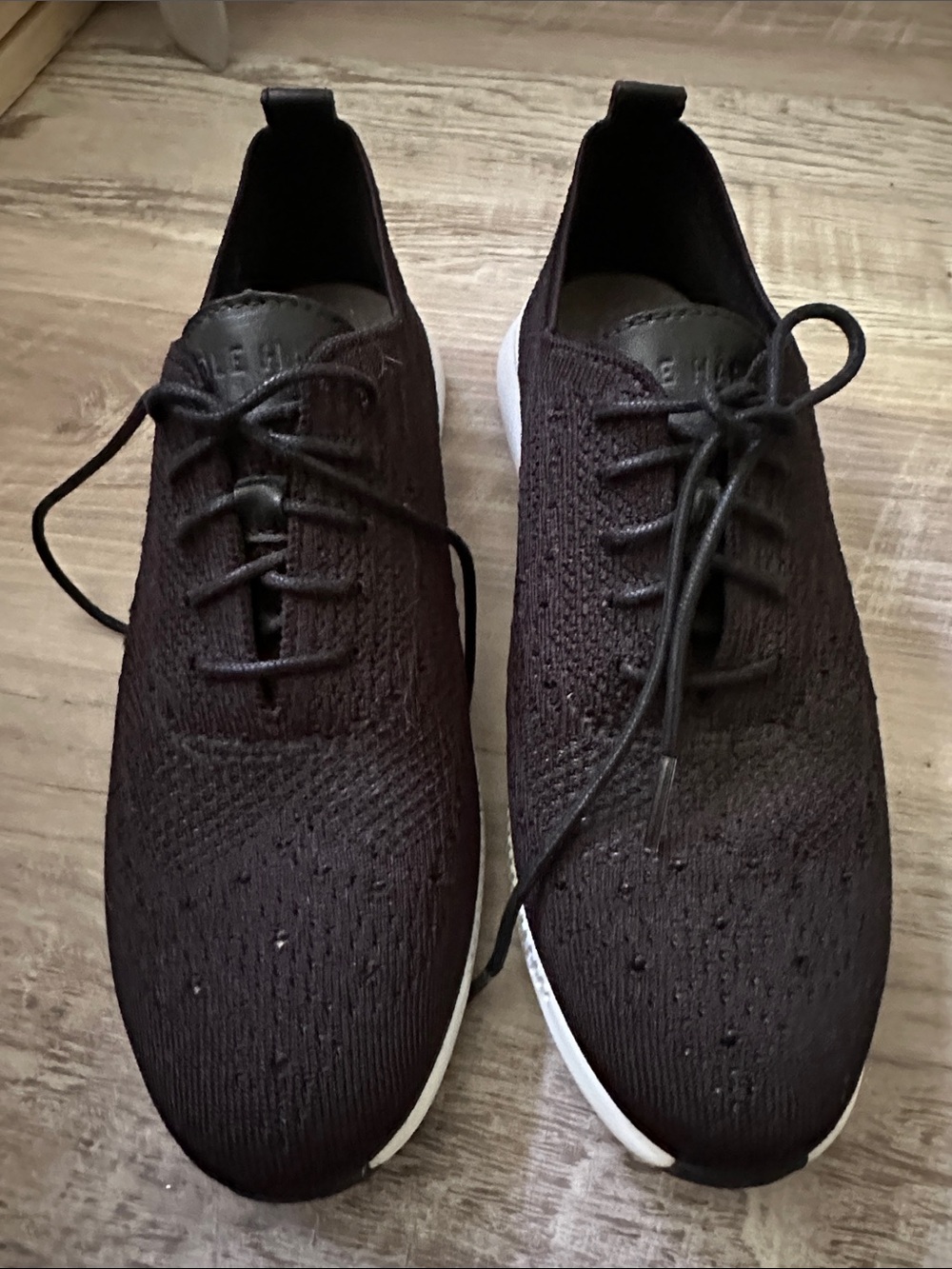 Cole Haan Black Knit Lace-Up Slip-On Flats with White Sole